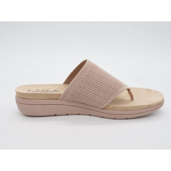 LifeStride Sandals Womens 10 Beige Fabric Platform Wedge Heel Toe Post Poolside - Picture 3 of 10